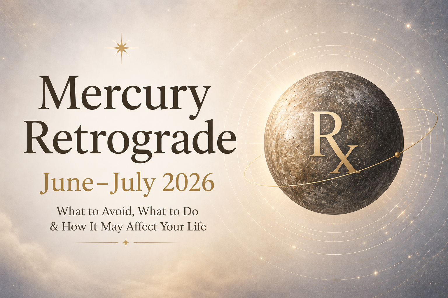 Elegant astrology-themed blog banner for Mercury Retrograde June–July 2026 featuring a large realistic depiction of the planet Mercury with a subtle “Rx” retrograde symbol at its center. The background uses soft cream, beige, and muted gold tones with delicate celestial rings, stars, and cosmic light effects. On the left, the title “Mercury Retrograde June–July 2026” appears in refined serif typography with the subtitle “What to Avoid, What to Do & How It May Affect Your Life,” creating a calm, mystical, and premium astrological aesthetic.